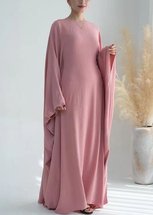 Loose Pink O Neck Solid Ice Silk Maxi Dresses Batwing Sleeve AA1051 Ada Fashion