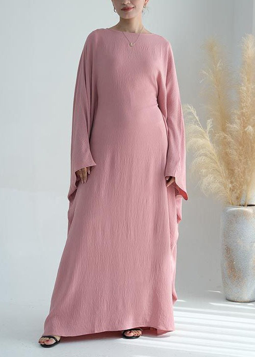 Loose Pink O Neck Solid Ice Silk Maxi Dresses Batwing Sleeve AA1051 Ada Fashion