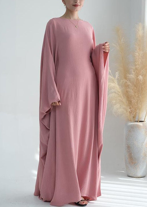 Loose Pink O Neck Solid Ice Silk Maxi Dresses Batwing Sleeve AA1051 Ada Fashion