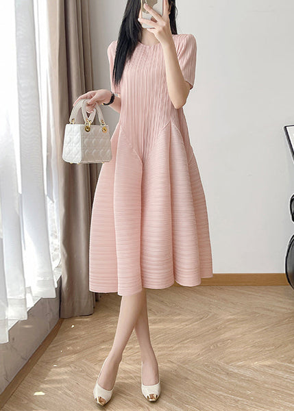 Cotton Wrinkled O Neck Dresses Loose Summer Pink FashionChic