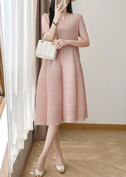 Cotton Wrinkled O Neck Dresses Loose Summer Pink FashionChic