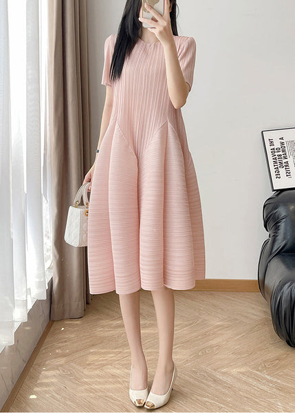 Cotton Wrinkled O Neck Dresses Loose Summer Pink FashionChic