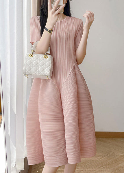 Cotton Wrinkled O Neck Dresses Loose Summer Pink FashionChic