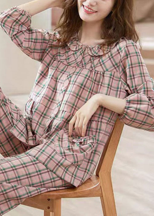 Two Loose And Pajamas Shirts Pink Pockets Cotton Pants Plaid FashionChic