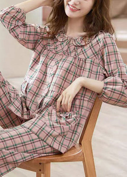Two Loose And Pajamas Shirts Pink Pockets Cotton Pants Plaid FashionChic