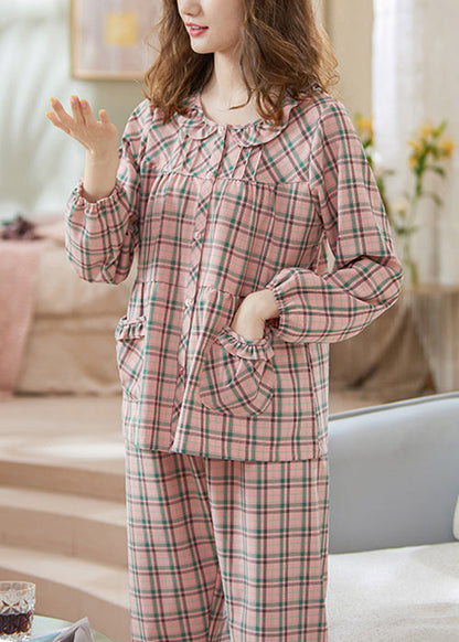 Two Loose And Pajamas Shirts Pink Pockets Cotton Pants Plaid FashionChic