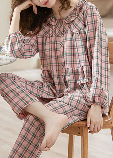 Two Loose And Pajamas Shirts Pink Pockets Cotton Pants Plaid FashionChic