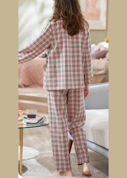 Two Loose And Pajamas Shirts Pink Pockets Cotton Pants Plaid FashionChic