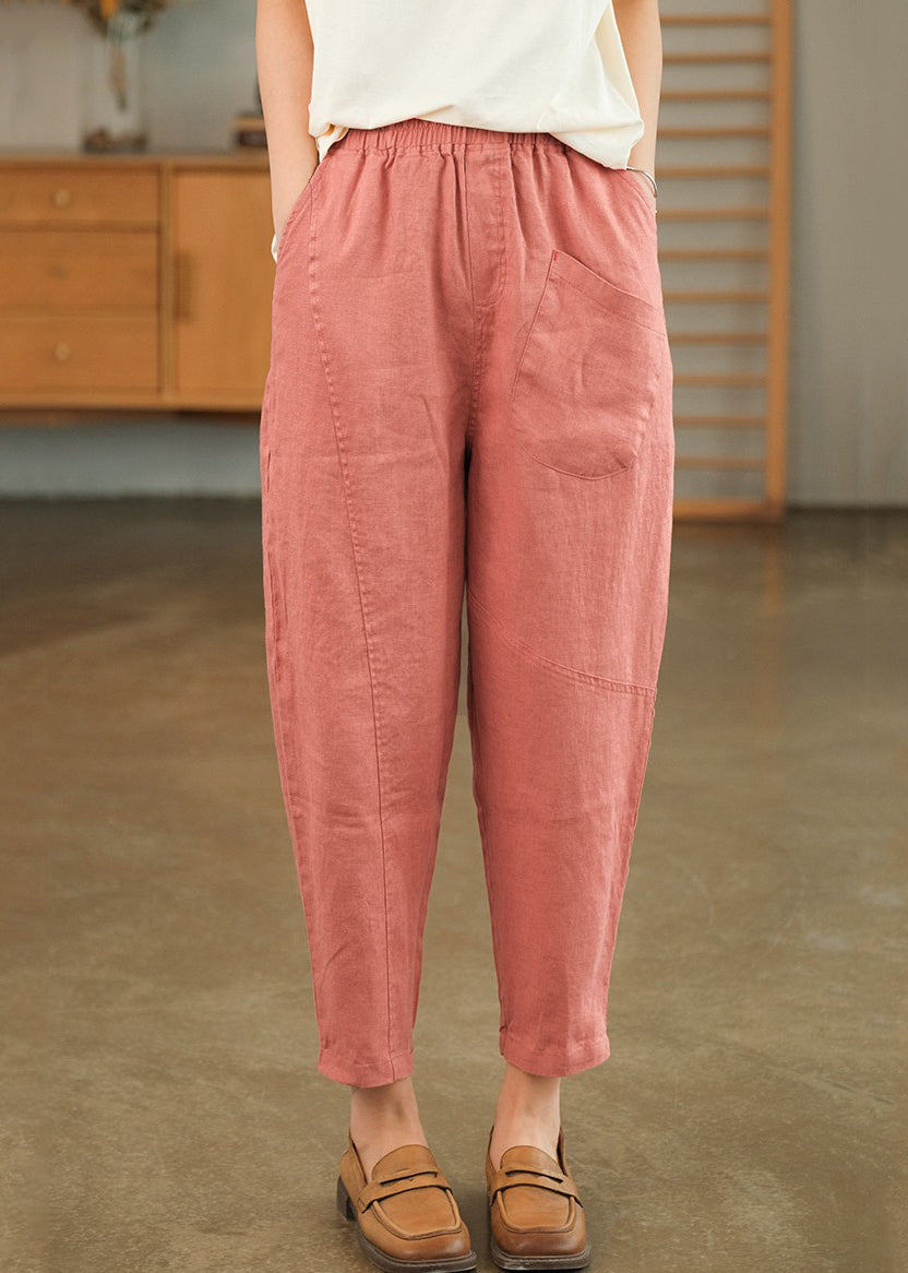 Summer Crop Loose Pants Solid Linen Pink Pockets FashionChic