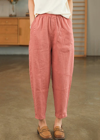 Summer Crop Loose Pants Solid Linen Pink Pockets FashionChic