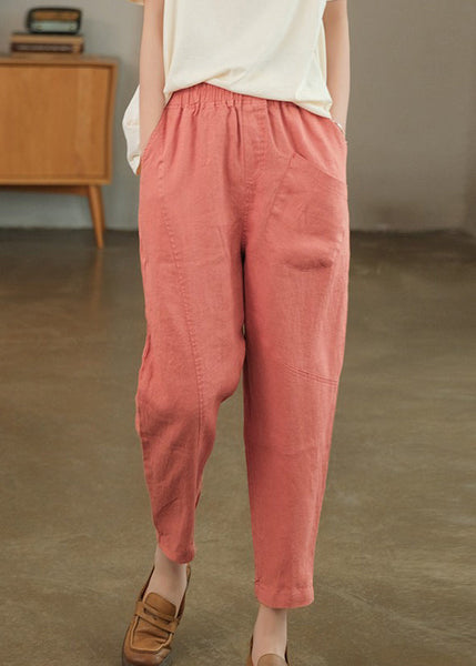 Summer Crop Loose Pants Solid Linen Pink Pockets FashionChic