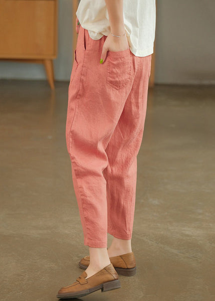 Summer Crop Loose Pants Solid Linen Pink Pockets FashionChic