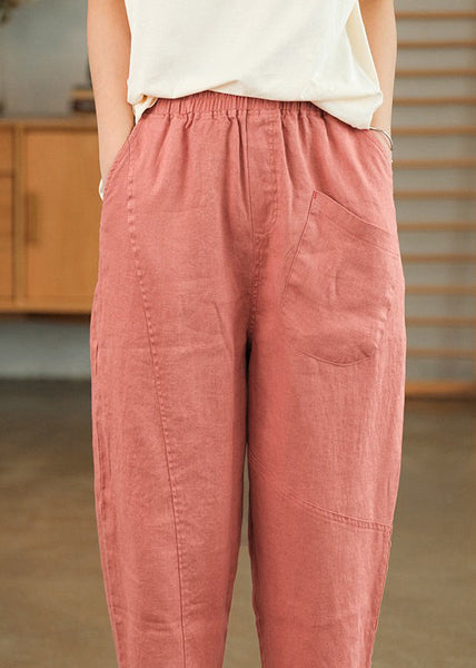 Summer Crop Loose Pants Solid Linen Pink Pockets FashionChic