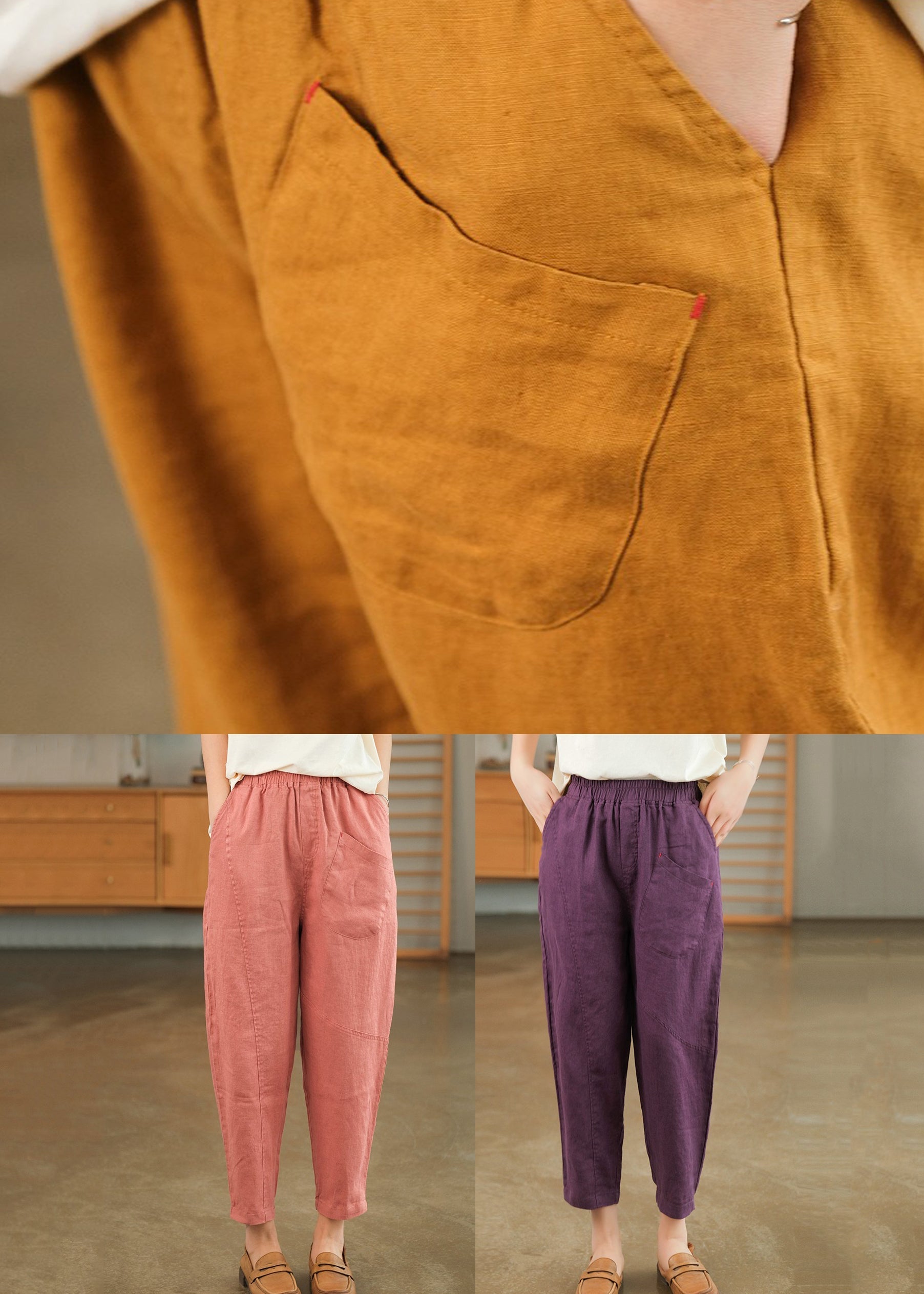 Summer Crop Loose Pants Solid Linen Pink Pockets FashionChic