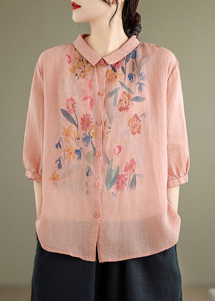 Loose Blouses Sleeve Half Button Pink Linen Print FashionChic