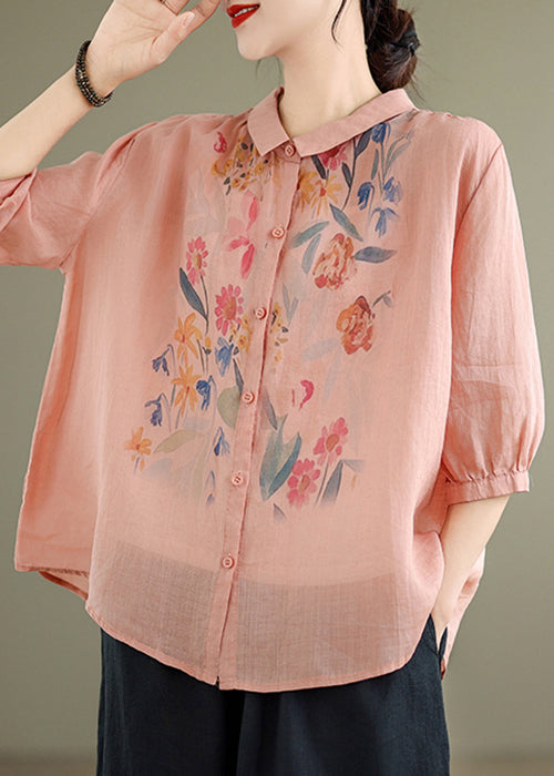Loose Blouses Sleeve Half Button Pink Linen Print FashionChic