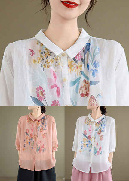 Loose Blouses Sleeve Half Button Pink Linen Print FashionChic
