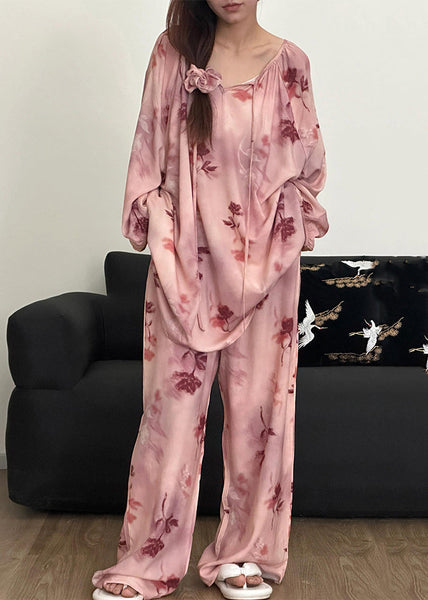 Print Pajamas Up Loose Fall Piece Pink Two Lace Cotton Set FashionChic