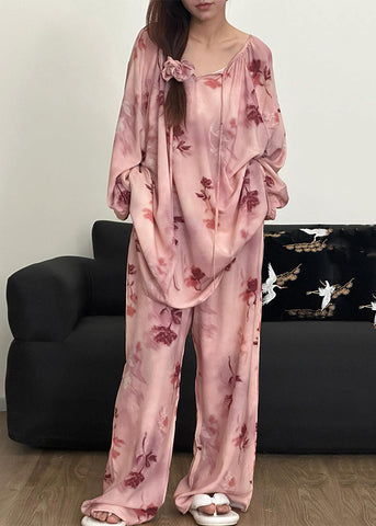 Print Pajamas Up Loose Fall Piece Pink Two Lace Cotton Set FashionChic