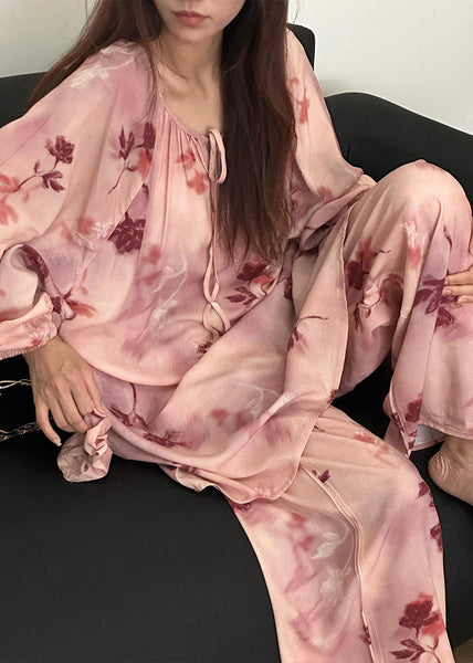 Print Pajamas Up Loose Fall Piece Pink Two Lace Cotton Set FashionChic