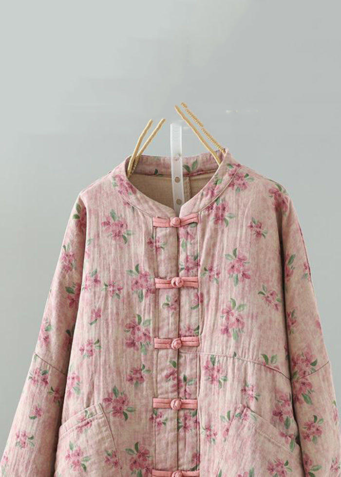 Loose Pink Print Pockets Cotton Filled Parka Winter QO012 MZF-DJK241008