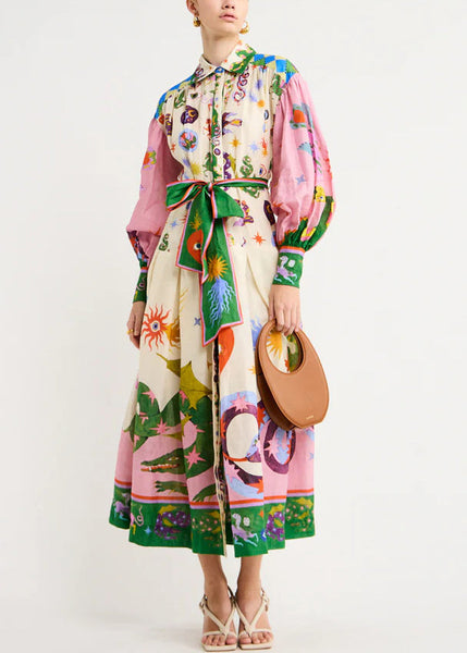 Loose Pink Print Tie Waist Cotton Shirts Dresses Long Sleeve FF083 SH-LF-FDL240603