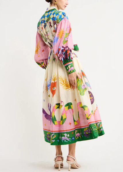 Loose Pink Print Tie Waist Cotton Shirts Dresses Long Sleeve FF083 SH-LF-FDL240603