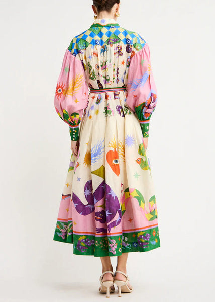 Loose Pink Print Tie Waist Cotton Shirts Dresses Long Sleeve FF083 SH-LF-FDL240603