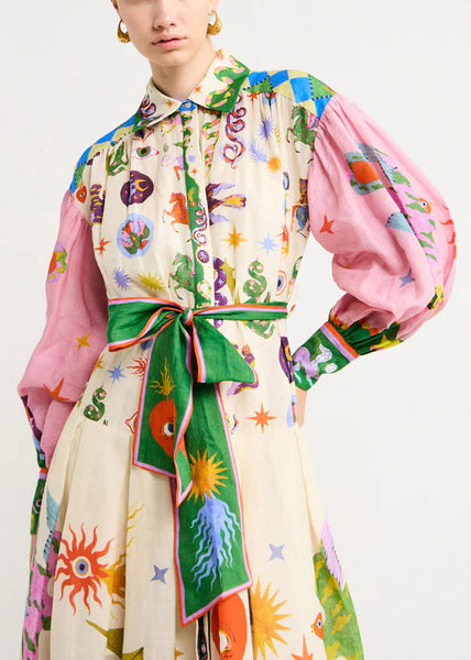 Loose Pink Print Tie Waist Cotton Shirts Dresses Long Sleeve FF083 SH-LF-FDL240603