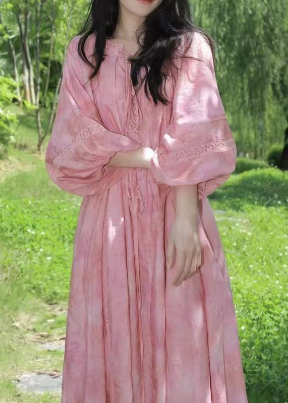 Loose Lace Lantern Pink Ruffled Dress Long Sleeve Cotton Up FashionChic