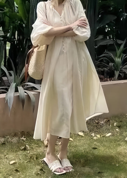 Loose Lace Lantern Pink Ruffled Dress Long Sleeve Cotton Up FashionChic