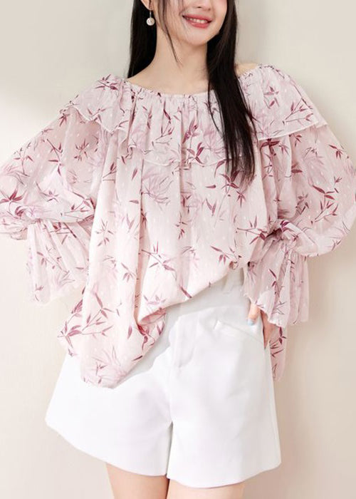 Loose Pink Ruffled Print Chiffon Shirt Flare Sleeve KK018 SH-LF-LTP240602