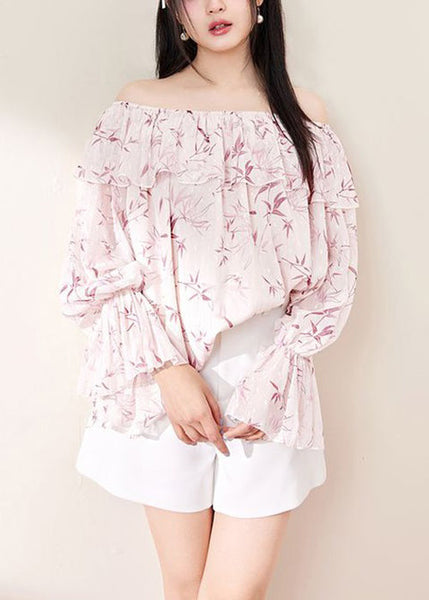 Loose Pink Ruffled Print Chiffon Shirt Flare Sleeve KK018 SH-LF-LTP240602