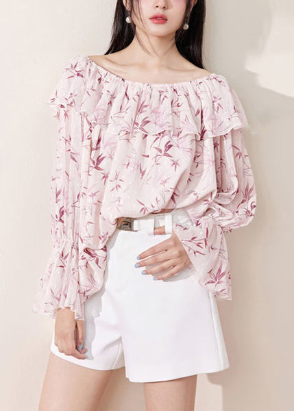 Loose Pink Ruffled Print Chiffon Shirt Flare Sleeve KK018 SH-LF-LTP240602