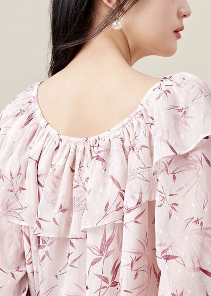 Loose Pink Ruffled Print Chiffon Shirt Flare Sleeve KK018 SH-LF-LTP240602