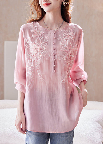 Top Long Pink Sleeve Bead Nail Shirt Sequins Chiffon Loose FashionChic