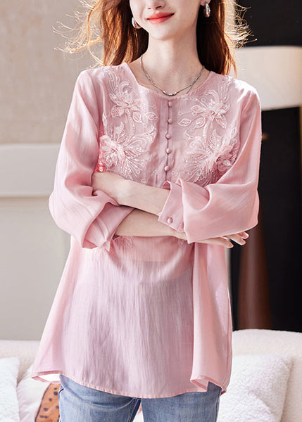 Top Long Pink Sleeve Bead Nail Shirt Sequins Chiffon Loose FashionChic