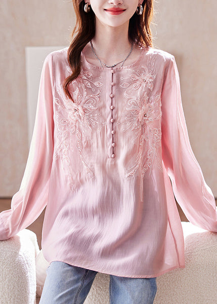 Top Long Pink Sleeve Bead Nail Shirt Sequins Chiffon Loose FashionChic