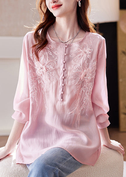 Top Long Pink Sleeve Bead Nail Shirt Sequins Chiffon Loose FashionChic