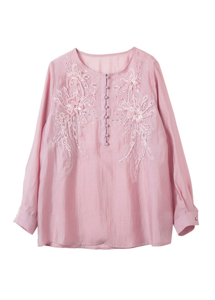 Top Long Pink Sleeve Bead Nail Shirt Sequins Chiffon Loose FashionChic