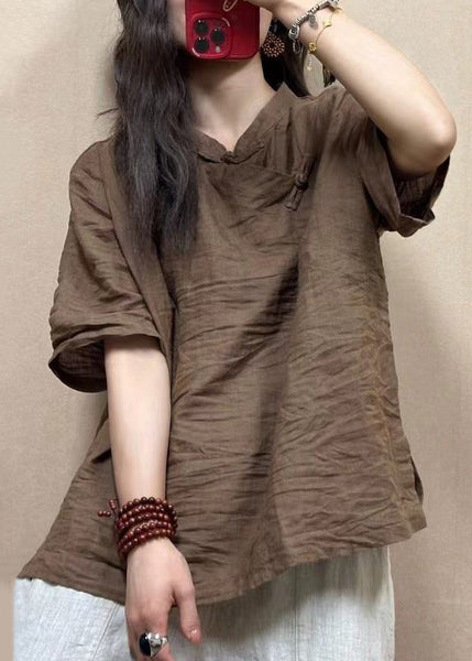 Loose Pink Stand Collar Button Linen Shirts Half Sleeve VV012 HS-STP240627