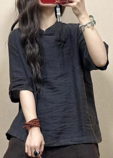 Loose Pink Stand Collar Button Linen Shirts Half Sleeve VV012 HS-STP240627