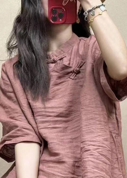 Loose Pink Stand Collar Button Linen Shirts Half Sleeve VV012 HS-STP240627