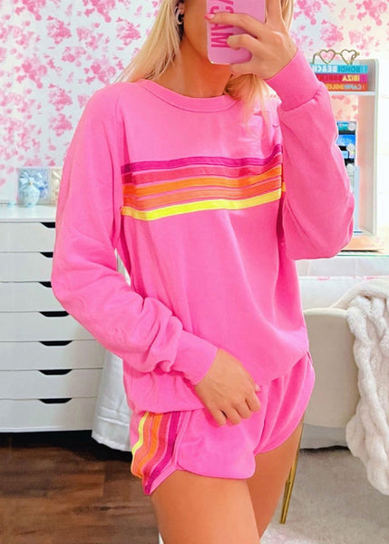 Shirt Shorts Two Set Pieces And Cotton Pink Loose T Striped FashionChic