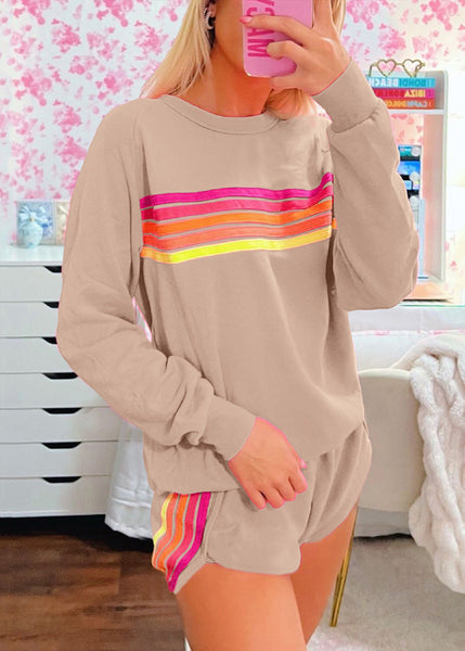 Shirt Shorts Two Set Pieces And Cotton Pink Loose T Striped FashionChic