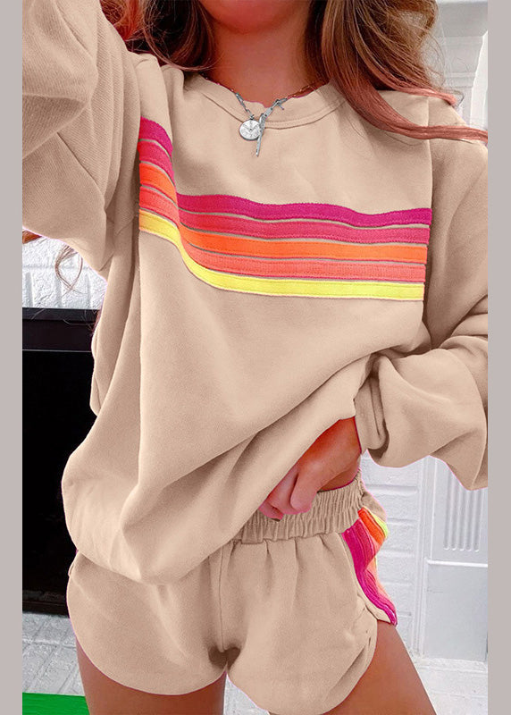 Shirt Shorts Two Set Pieces And Cotton Pink Loose T Striped FashionChic
