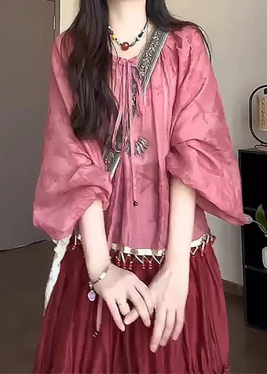 Pink Loose Lace Up Shirt Fall Tasseled Cotton FashionChic