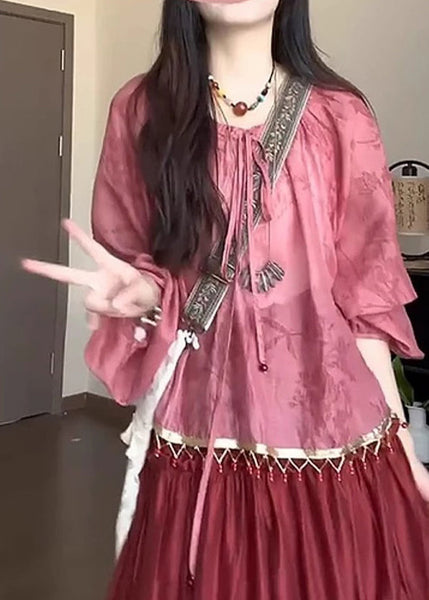 Pink Loose Lace Up Shirt Fall Tasseled Cotton FashionChic