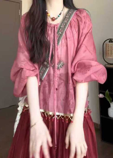 Pink Loose Lace Up Shirt Fall Tasseled Cotton FashionChic