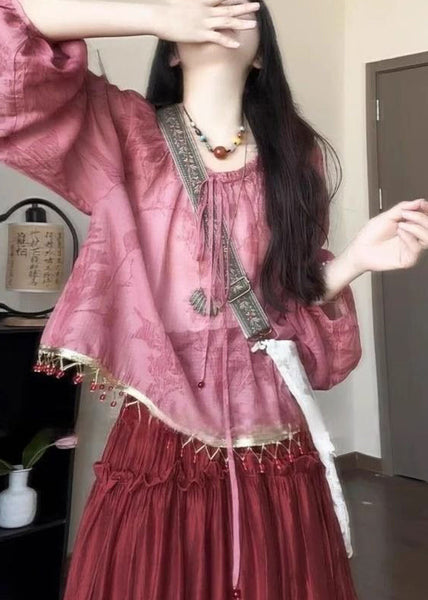Pink Loose Lace Up Shirt Fall Tasseled Cotton FashionChic
